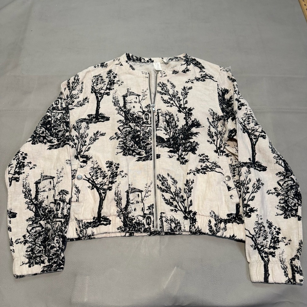 Joie Men 100% Pure Linen Toile Print Zip Bomber Jacket Cream Lagenlook-M-7123